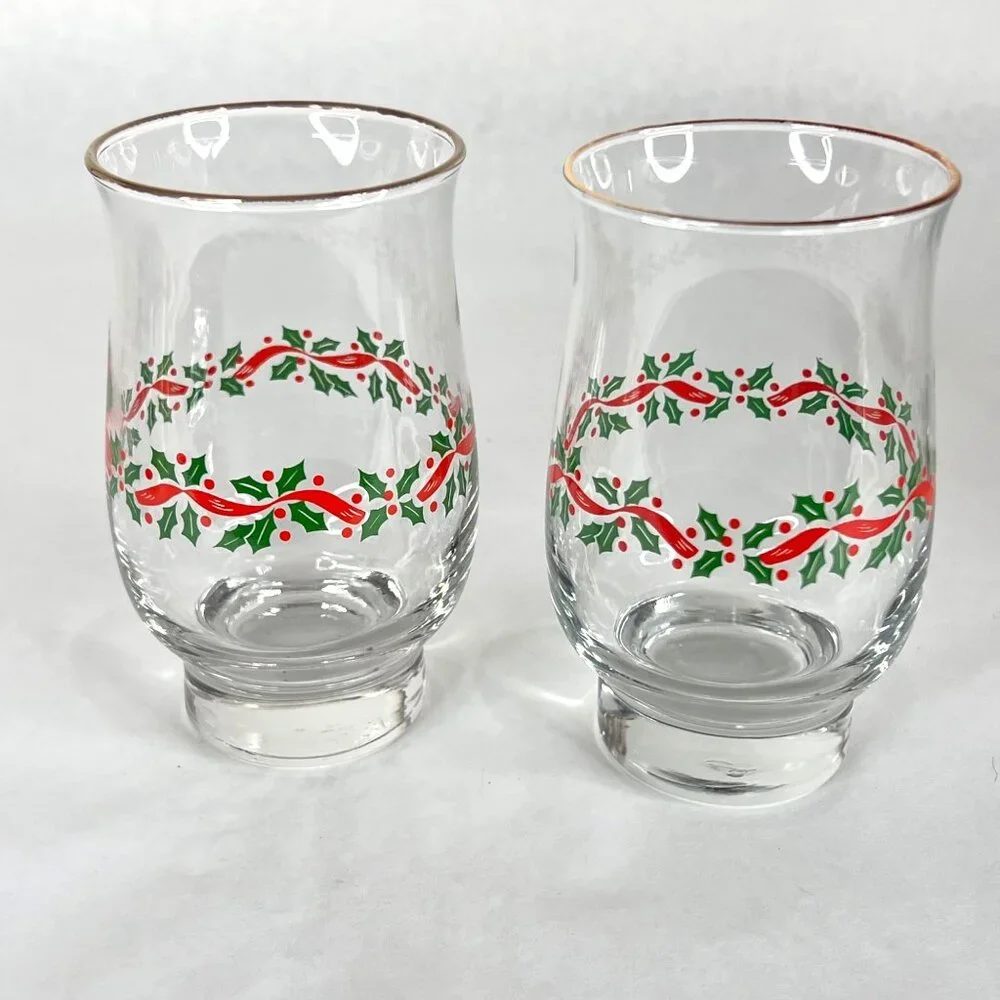 4 Libbey Christmas Holly Berry Glass Red Ribbon Tumbler Tulip Gold Rim 14 OZ VTG